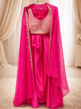 Elegant Pink Crop Top & Flowing Skirt Set with cape; Mirror Work Designer